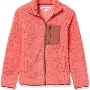 NWT coral pink fleece lined full zip Sherpa jacket with brown trim Large